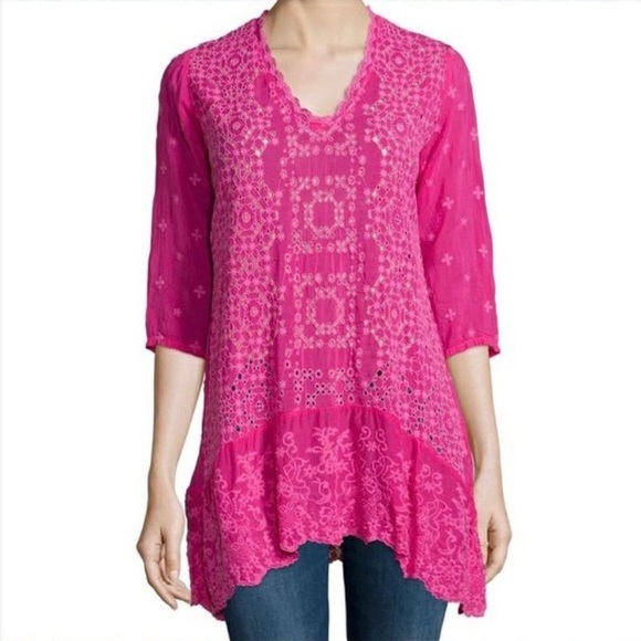 Johnny Was Pink Georgette Eyelet Embroidered Tunic Top - Picture 15 of 15